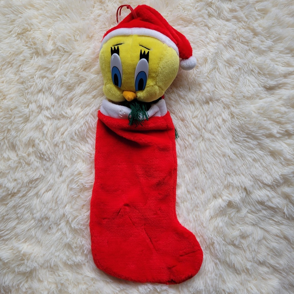 Vintage Christmas Stocking Looney Tunes Tweety Plush Holly Santa Hat Holiday